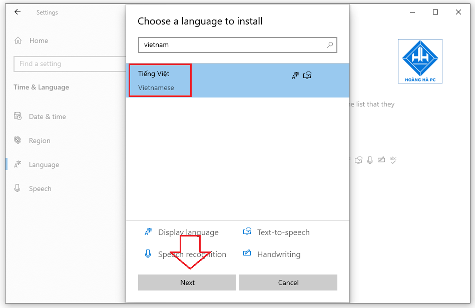 Cài đặt ngôn ngữ Tiếng Việt cho máy tính Windows 10