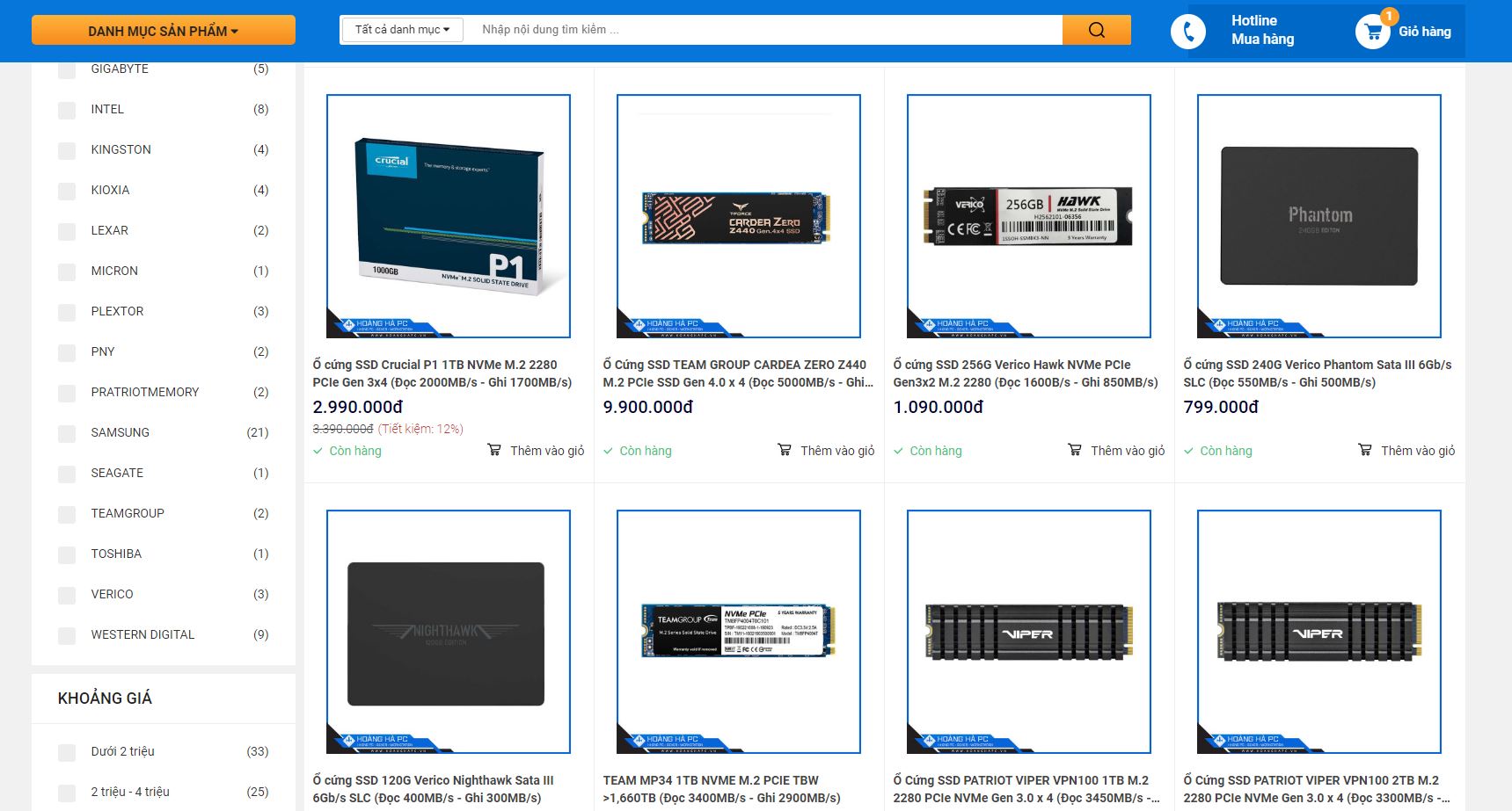 Hoàng Hà PC cung cấp đa dạng các loại ổ cứng SSD chất lượng